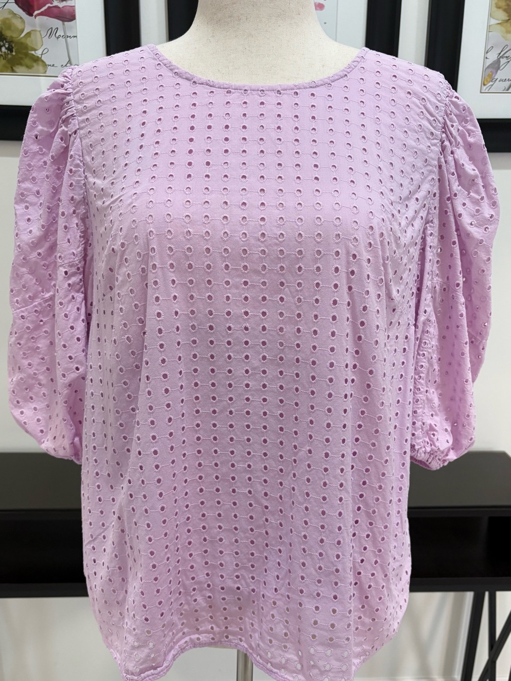 A New Day Lavender Eyelet Puff Sleeve Blouse
Round Neck Tie Back Top